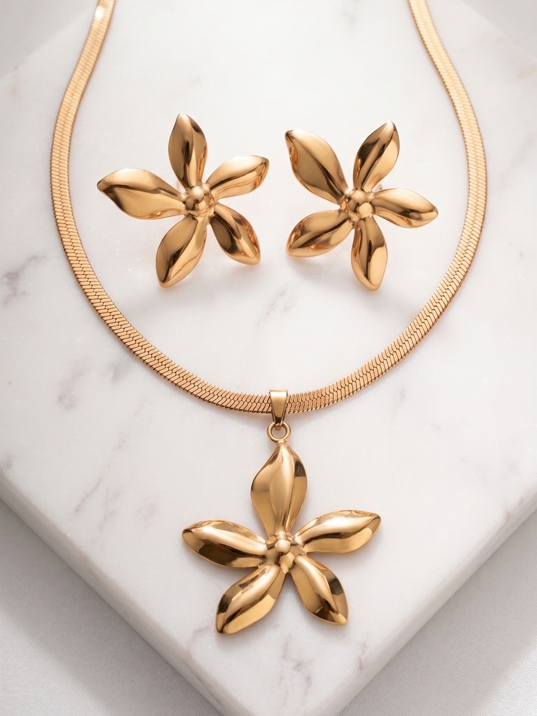 Gold Floral Pendant Set with Earrings | Anti‑Tarnish Stainless Steel Jewelry for Women
