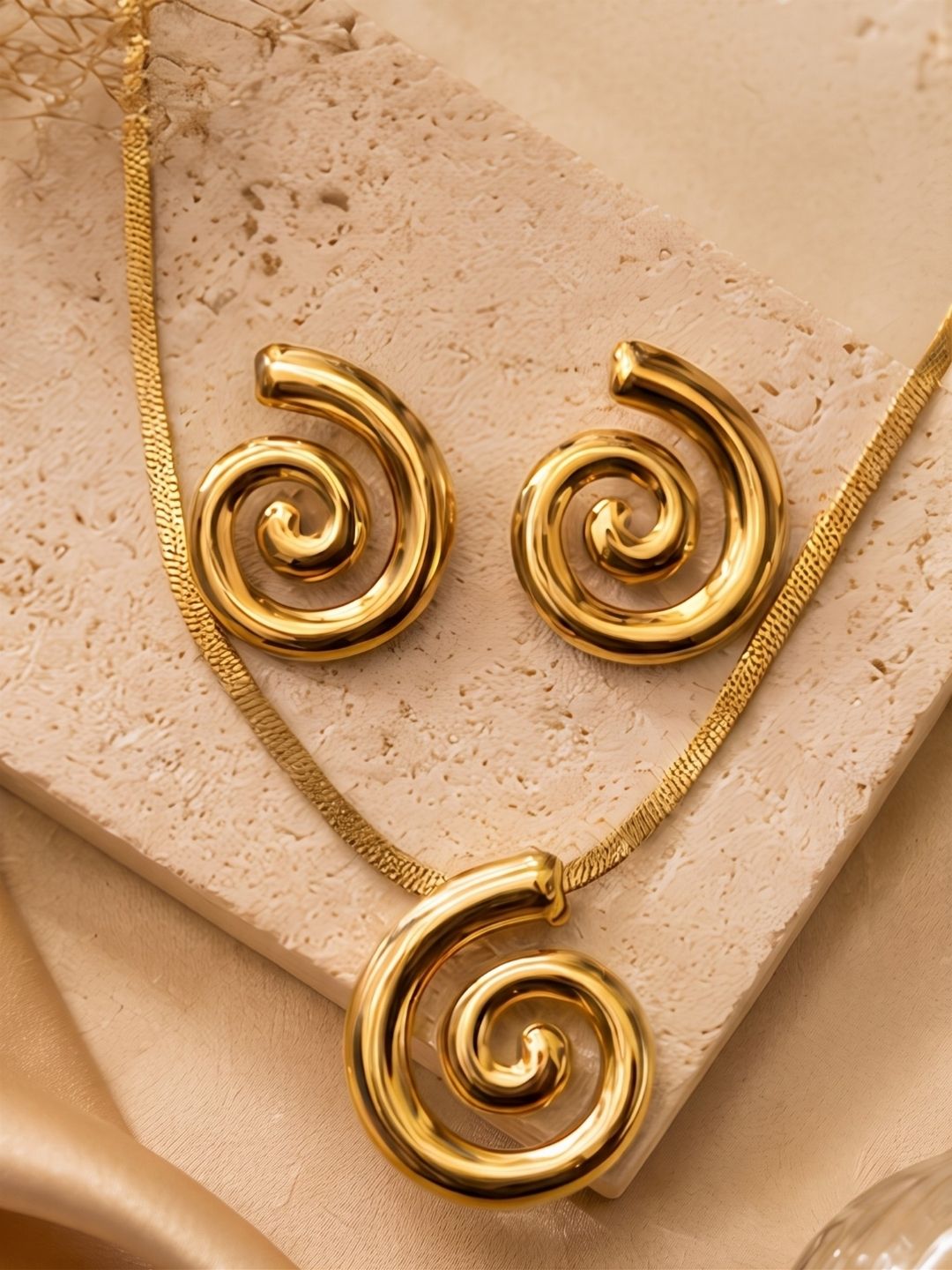 Gold Spiral Pendant Set with Earrings | Anti‑Tarnish Stainless Steel Jewelry for Women