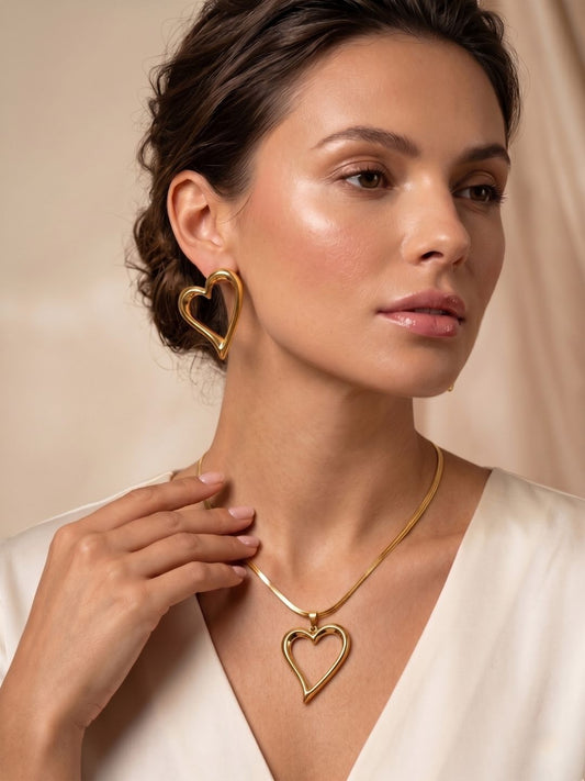 Gold Heart Pendant Set with Earrings | Anti‑Tarnish Stainless Steel Jewelry for Women