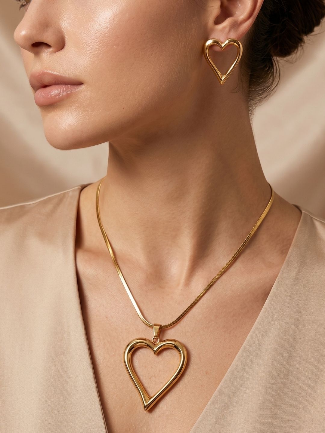 Gold Heart Pendant Set with Earrings | Anti‑Tarnish Stainless Steel Jewelry for Women