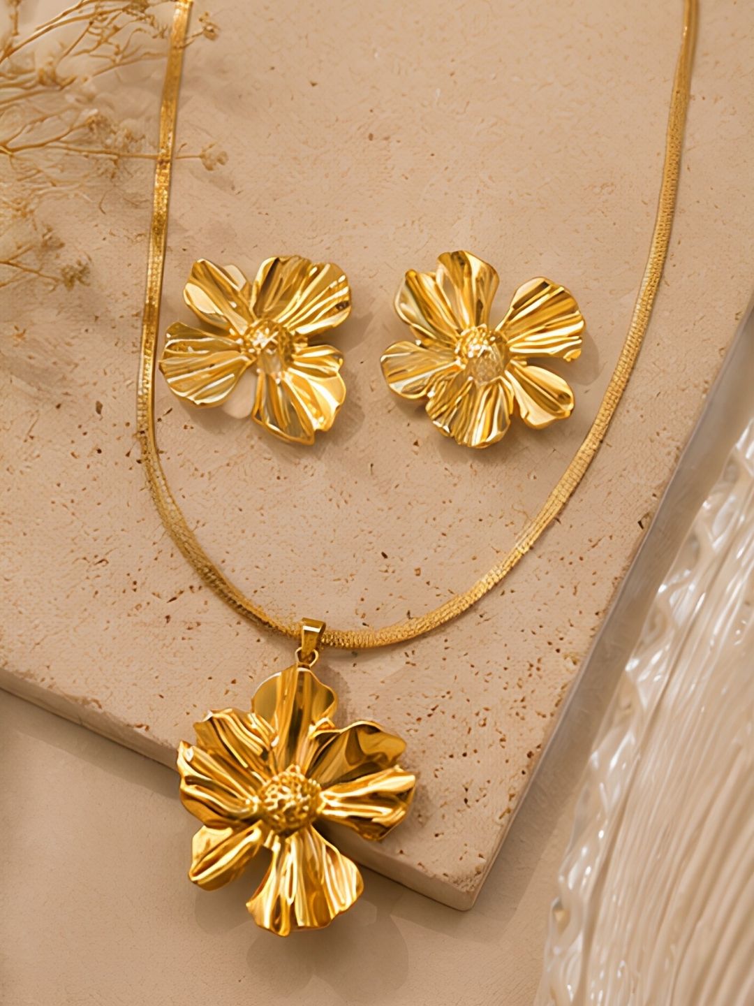Gold Flower Pendant Set with Earrings | Anti‑Tarnish Stainless Steel Jewelry for Women