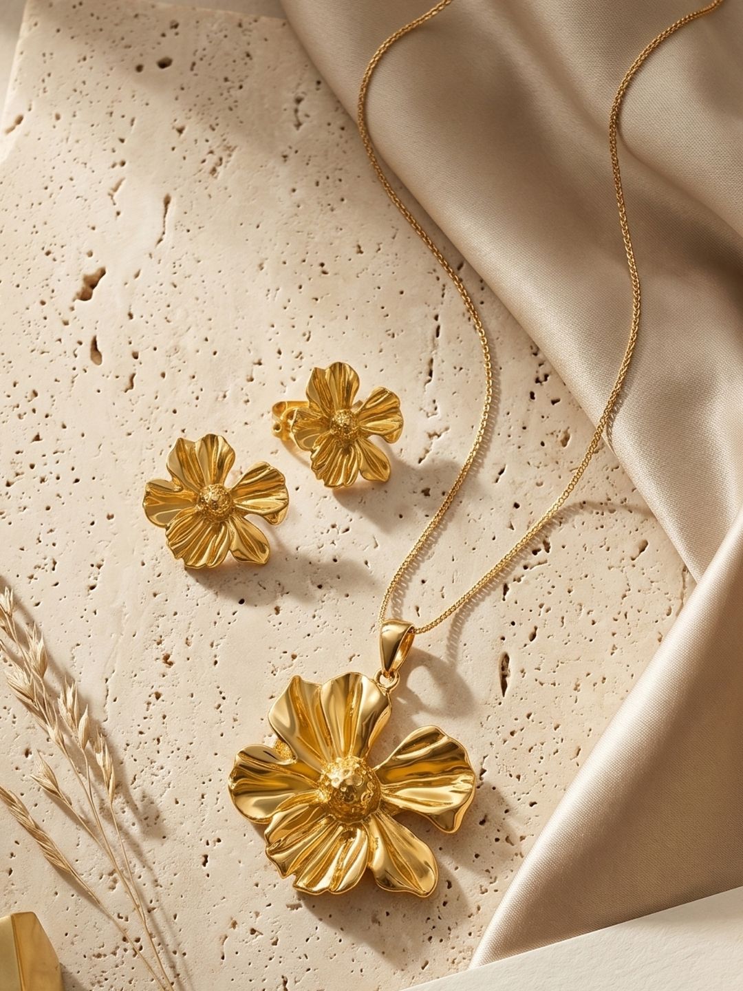 Gold Flower Pendant Set with Earrings | Anti‑Tarnish Stainless Steel Jewelry for Women