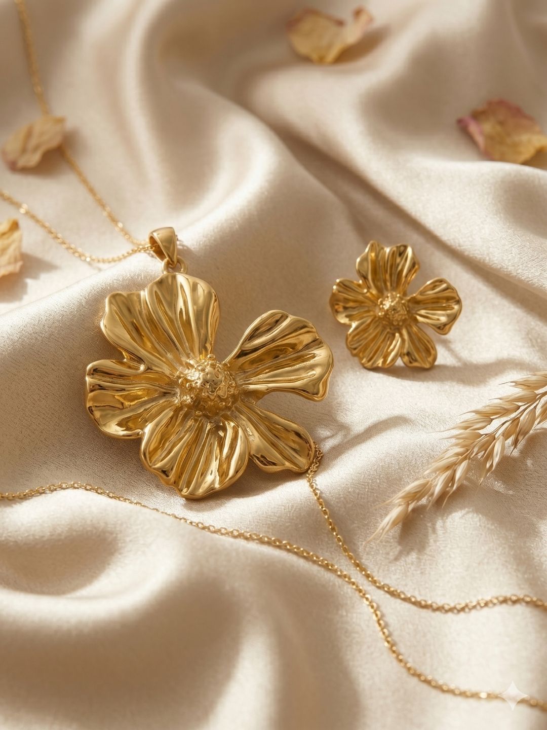 Gold Flower Pendant Set with Earrings | Anti‑Tarnish Stainless Steel Jewelry for Women