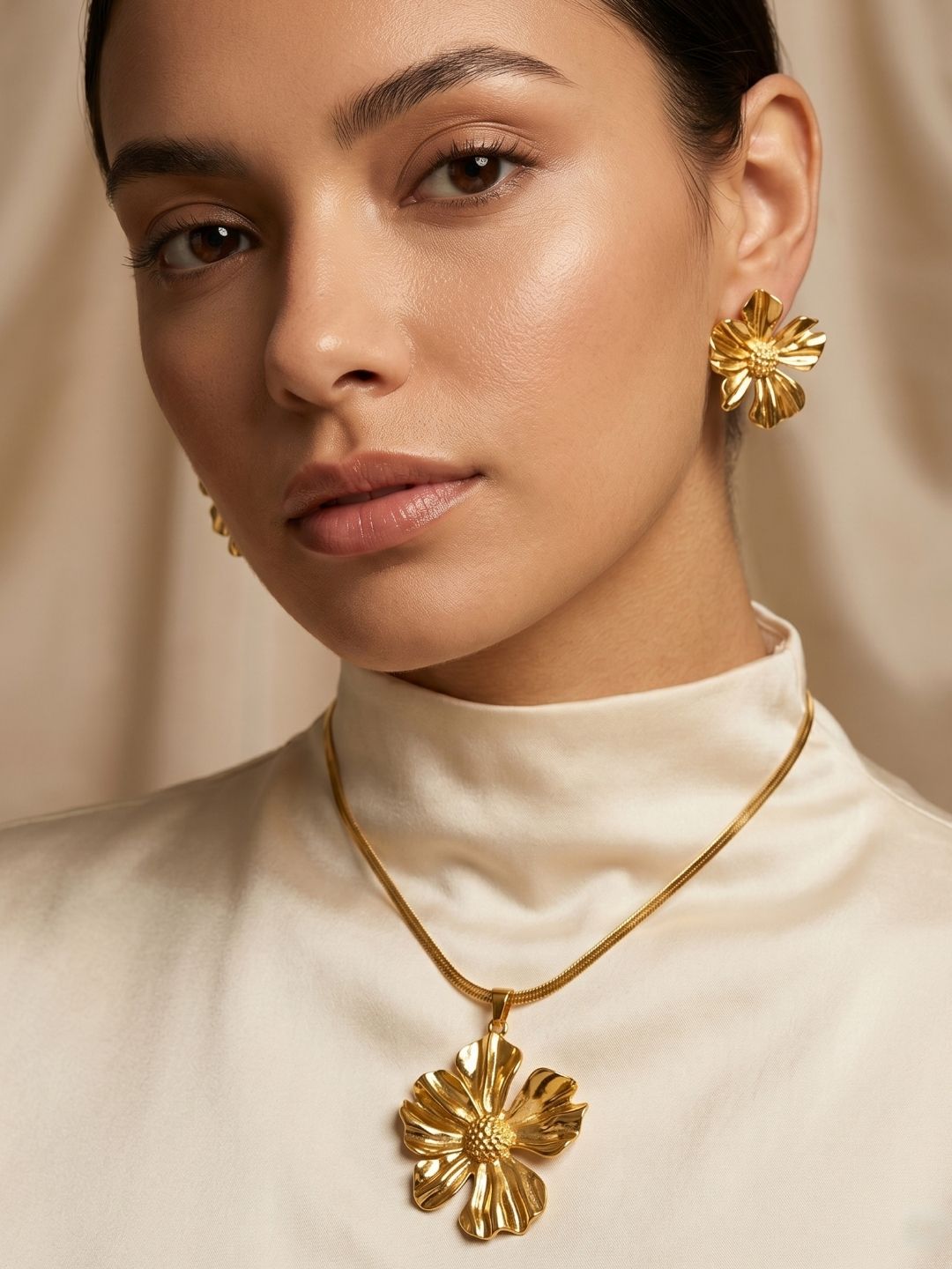 Gold Flower Pendant Set with Earrings | Anti‑Tarnish Stainless Steel Jewelry for Women