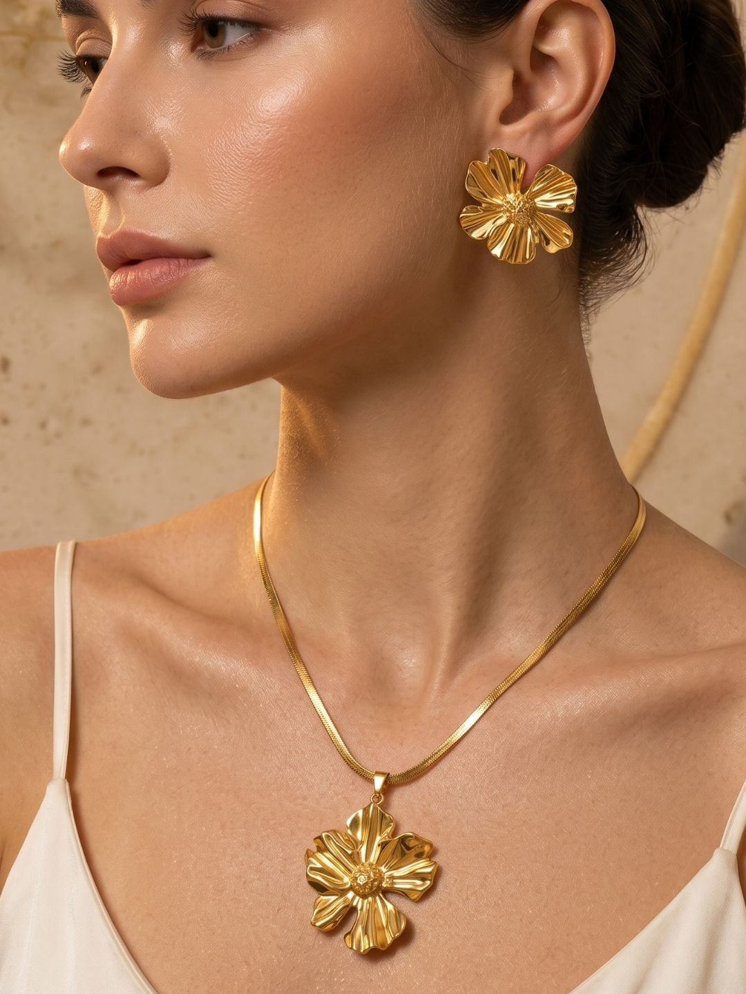 Gold Flower Pendant Set with Earrings | Anti‑Tarnish Stainless Steel Jewelry for Women