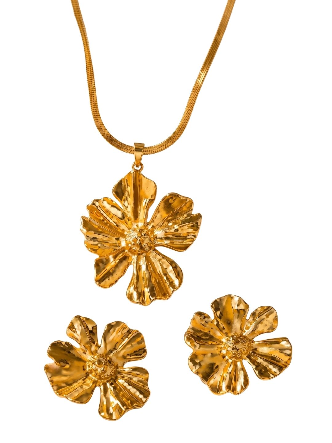 Gold Flower Pendant Set with Earrings | Anti‑Tarnish Stainless Steel Jewelry for Women