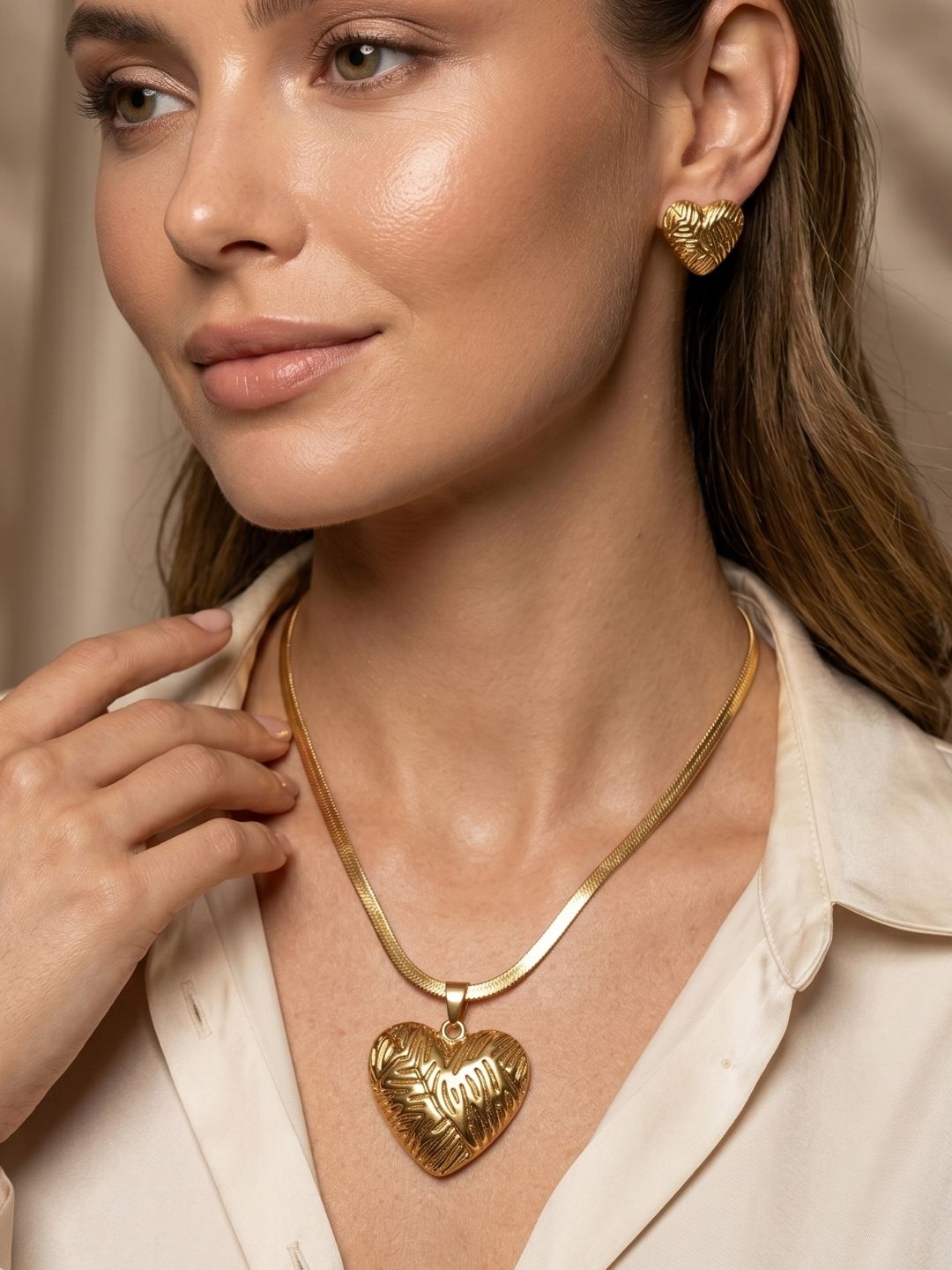Elegant Gold Heart Pendant Necklace & Earrings | Anti‑Tarnish Stainless Steel Partywear Jewelry