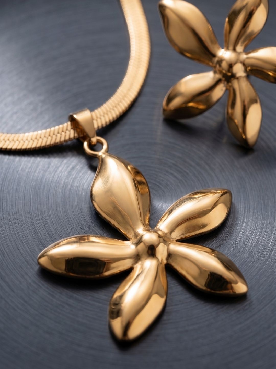 Gold Floral Pendant Set with Earrings | Anti‑Tarnish Stainless Steel Jewelry for Women