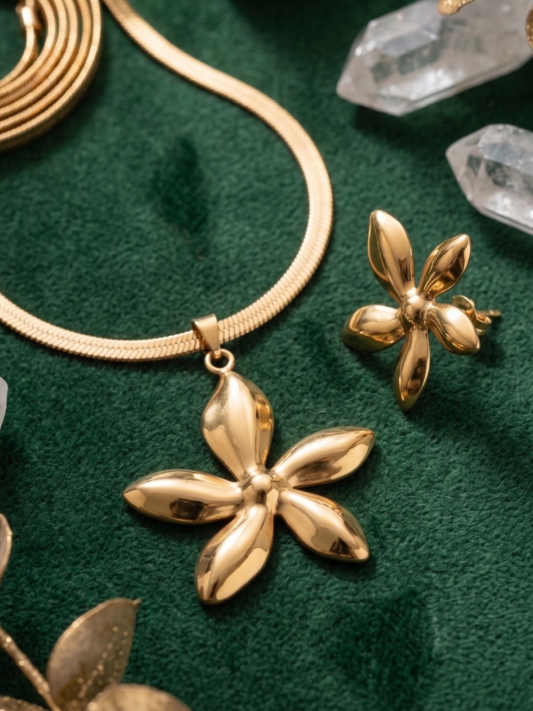 Gold Floral Pendant Set with Earrings | Anti‑Tarnish Stainless Steel Jewelry for Women