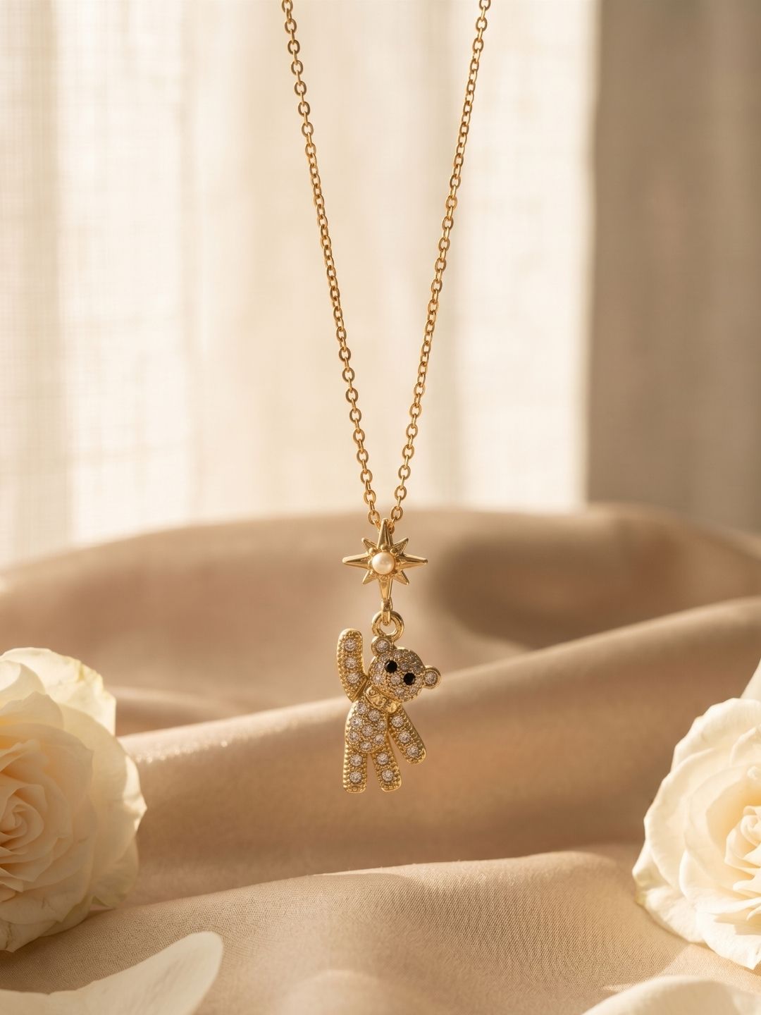 Gold Teddy Bear & Star Pendant Necklace | Anti‑Tarnish Stainless Steel Cute Jewelry for Women