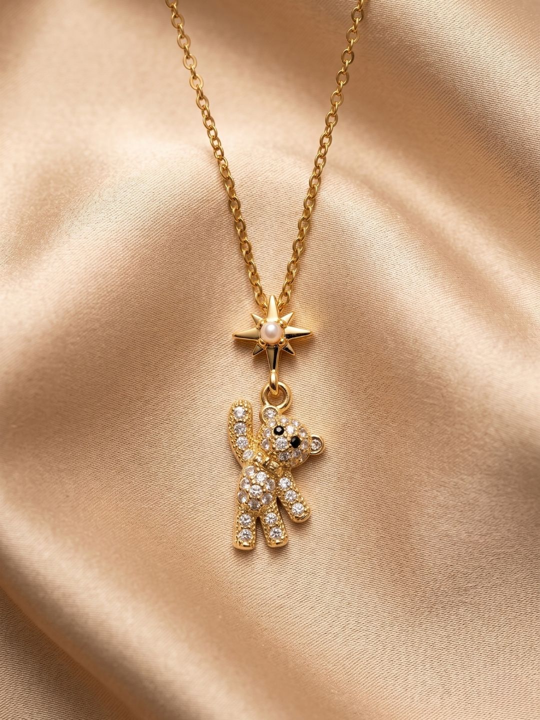 Gold Teddy Bear & Star Pendant Necklace | Anti‑Tarnish Stainless Steel Cute Jewelry for Women