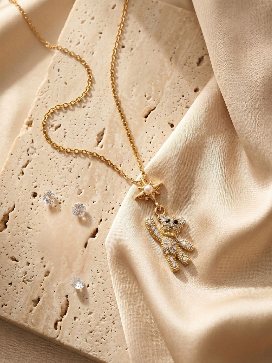 Gold Teddy Bear & Star Pendant Necklace | Anti‑Tarnish Stainless Steel Cute Jewelry for Women