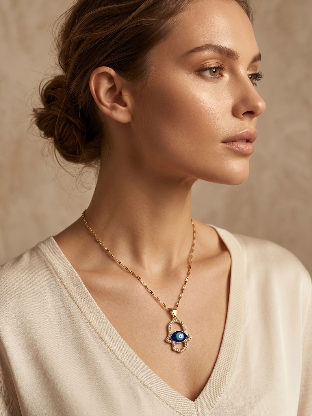 Gold Hamsa Hand Pendant Necklace | Anti‑Tarnish Stainless Steel Protective Jewelry for Women