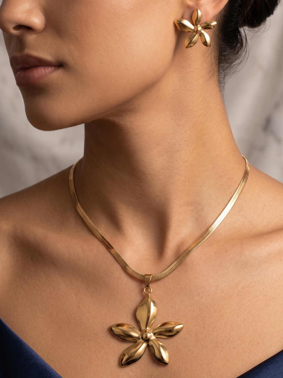 Gold Floral Pendant Set with Earrings | Anti‑Tarnish Stainless Steel Jewelry for Women